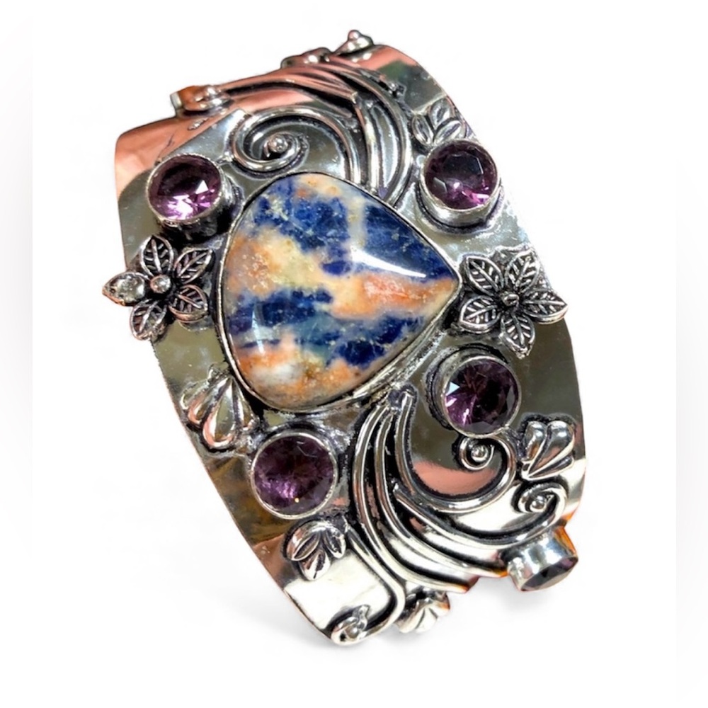 BOHO Stunning genuine Sodalite and Amethyst Ethnic Handmade Adjustable Bangle